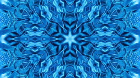 Abstract symmetric background with star symmetry. Mandala with waves. Looped abstract blue liquid background with wavy sparkling pattern, shiny glossy surface. Kaleidoscope effect
