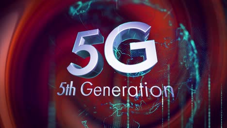 animación de texto plateado 5g 5a generación, con globo brillante y procesamiento de datos sobre fondo rojo