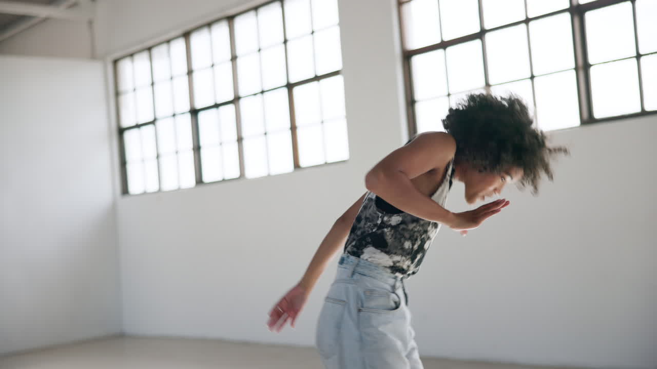 Creative, freedom and woman dance to music