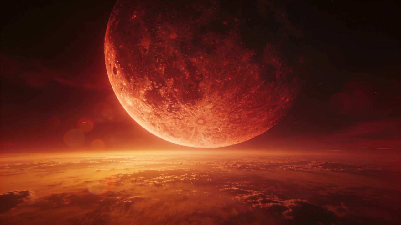 Kamera panoramująca, ukazująca dużą czerwoną planetę unoszącą się nad grubą warstwą chmur, ze smugami i rozbłyskami.