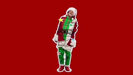 feliz navidad, año nuevo. diseño de stop motion, animación de arte. hombre como mal santa en una guirnalda festiva en rojo. gracioso, moderno, conceptual, contemporáneo brillante 4k artcollage. concepto de tiempo de fiesta