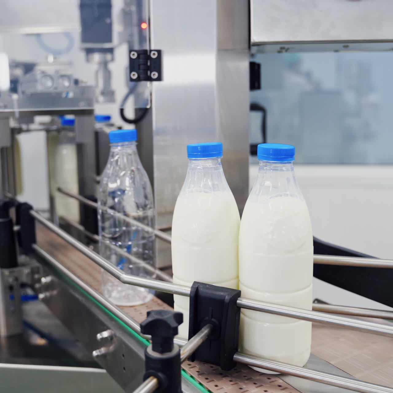 Milk bottles on conveyor belt. Hand is taking empty bottle from conveyor belt. Ready beverage production line at dairy factory. Close-up.