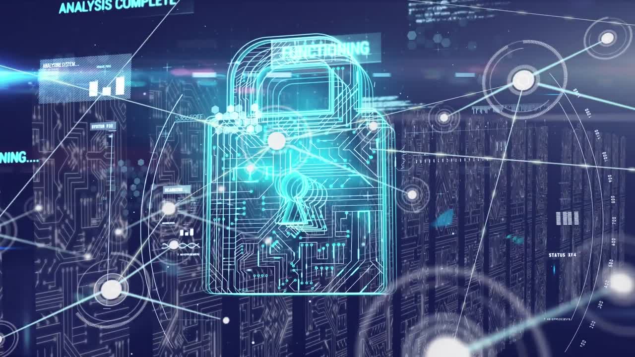 Animation of connected dots and padlock over circuit board patterns against abstract background