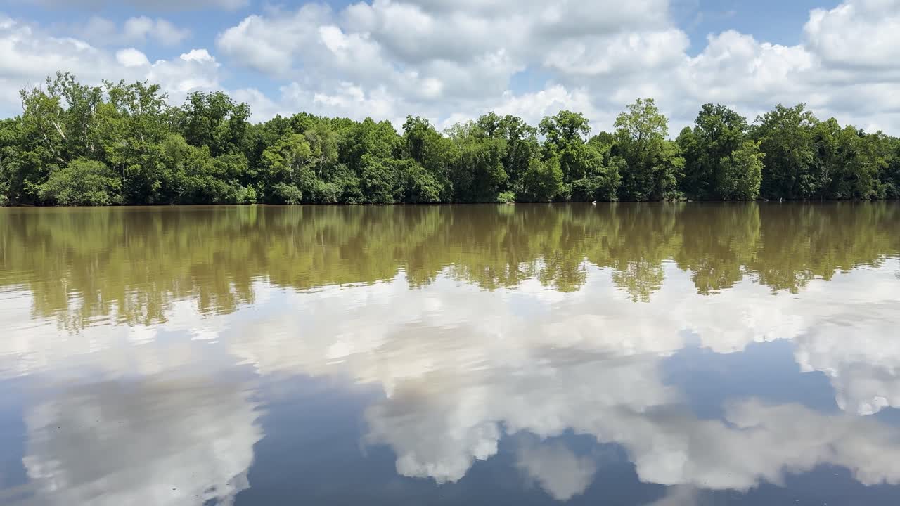 Fixed shot at water level showing trees, clouds, and mirrored reflections on the Virginia River in the United States