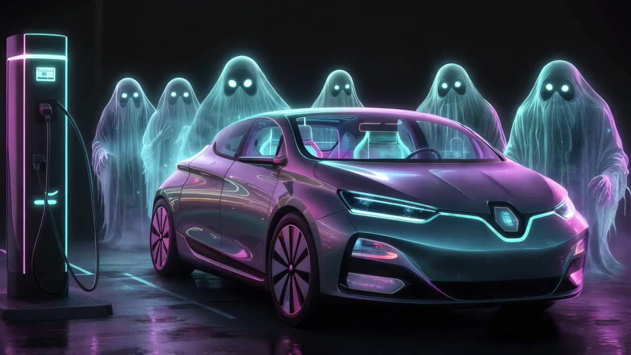 coche eléctrico fantasmal en la estación de carga