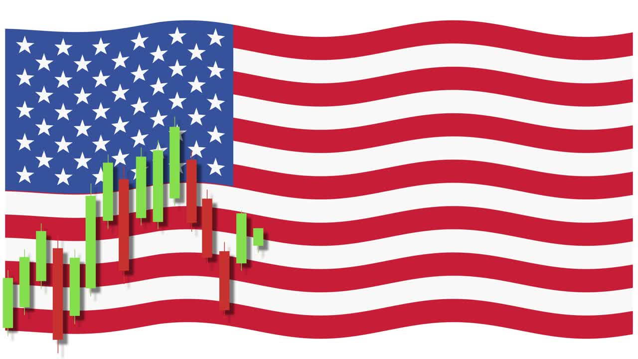 Candlestick chart animation over a waving American flag, illustrating financial market trends with vibrant movement and patriotic theme