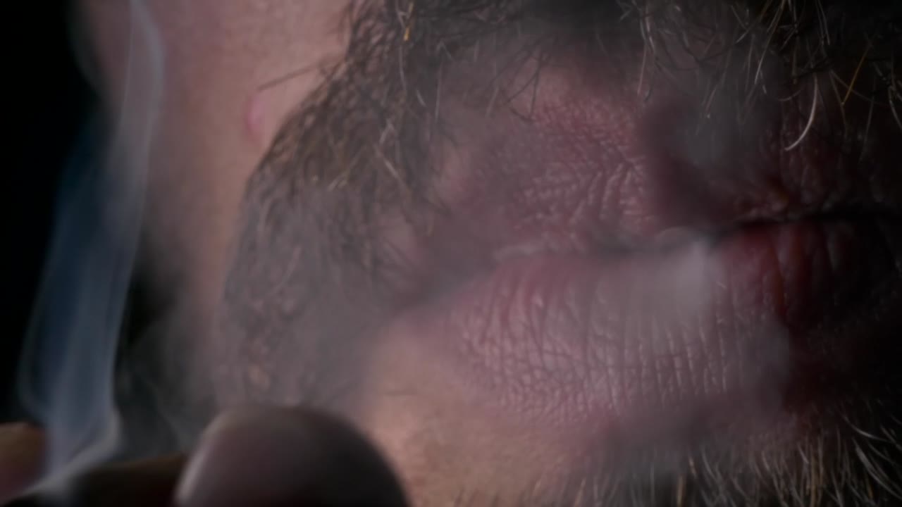 어두운 검은색 스튜디오 배경에 담배를 피우는 수염을 가진 젊은 성인 남성