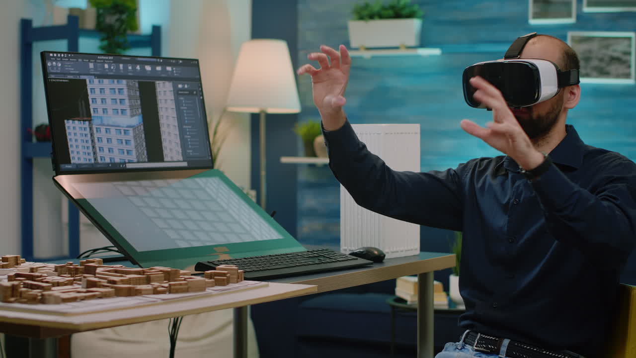 Man engineer working with vr glasses to design building model