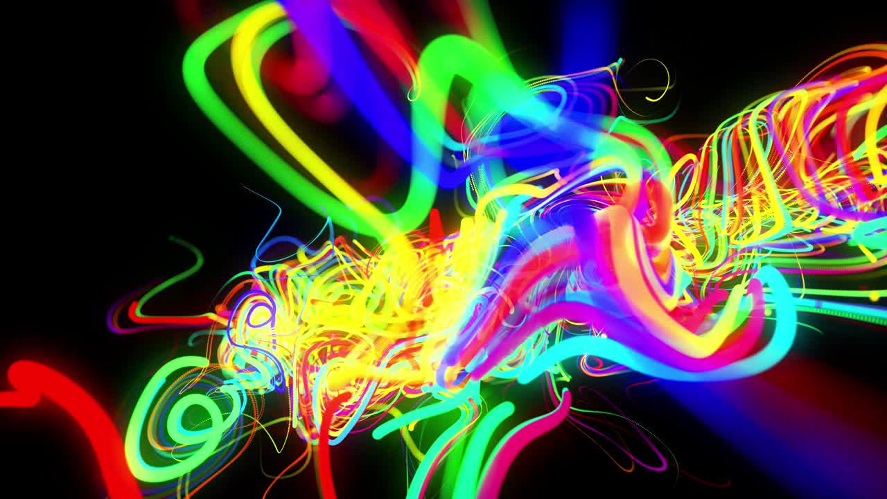 빛나는 선의 추상적인 배경 흐름: 3d 공간에서 빛나는 아름다운 구부러진 선, 네온 빛으로 불타는 전선의 공처럼.