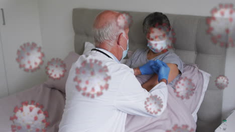 animation of virus cells over caucasian male doctor with patient taking vaccine