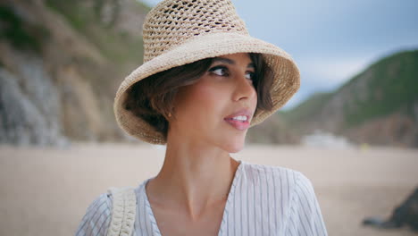 romantic girl resting shore island portrait. smiling travel woman looking camera