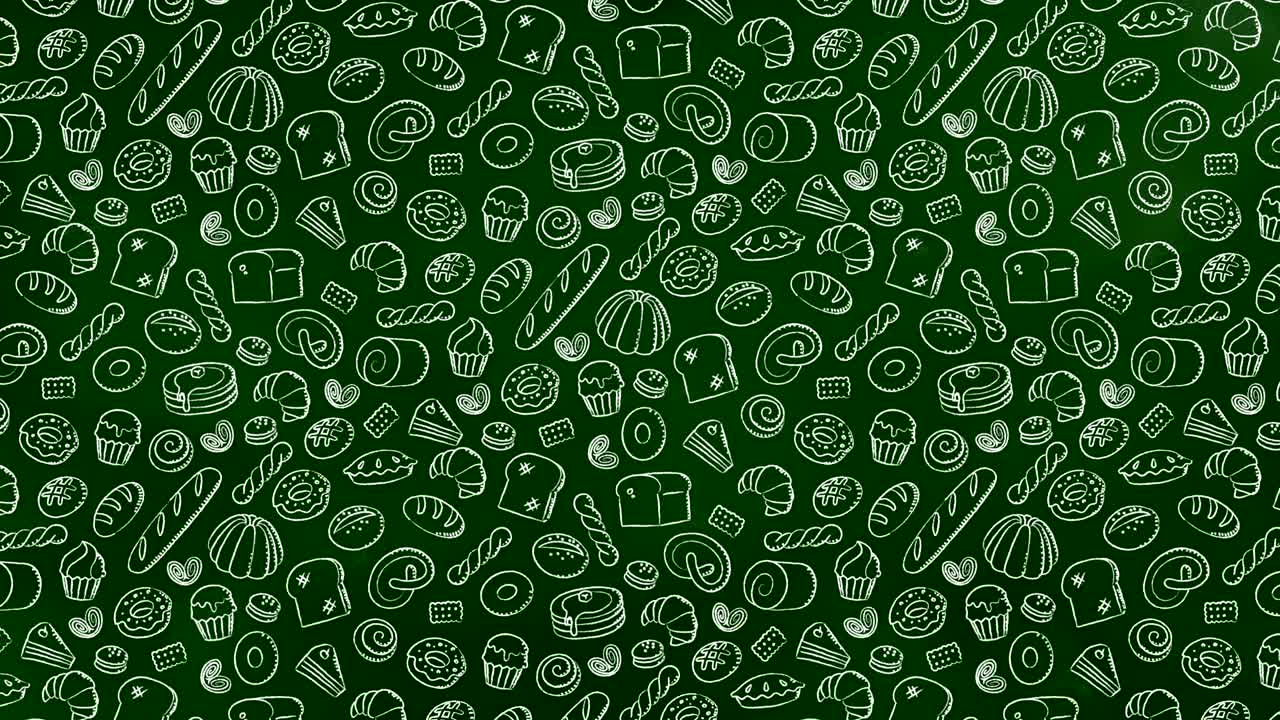 Bakery moving pattern background cartoon hand chalk drawing outline stroke illustration isolated on green chalkboard background seamless looping animation 4K