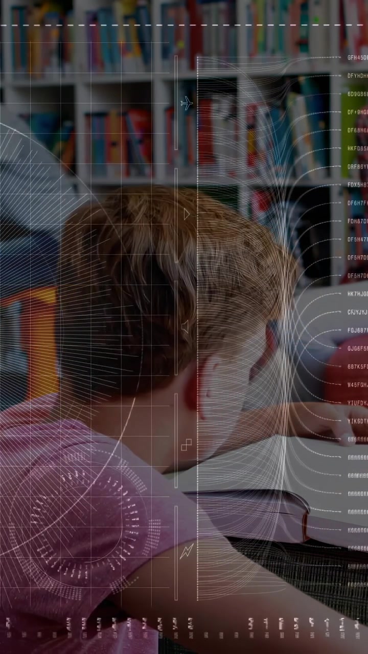 Vertical video: Peer hand touching page, boy leaning and turning pages as reading with HUD overlay