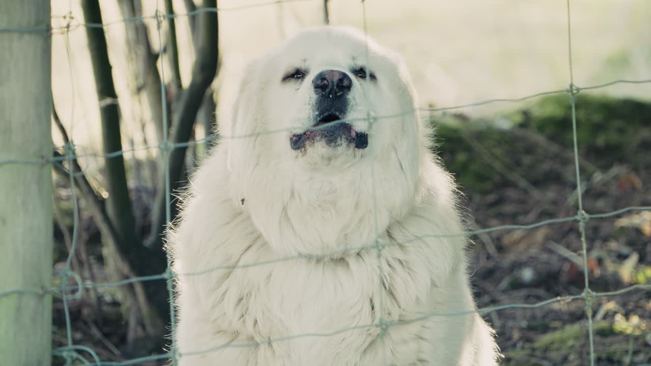 Pyrenees Dog Barking Through Farm Fence - Slow Motion Clip