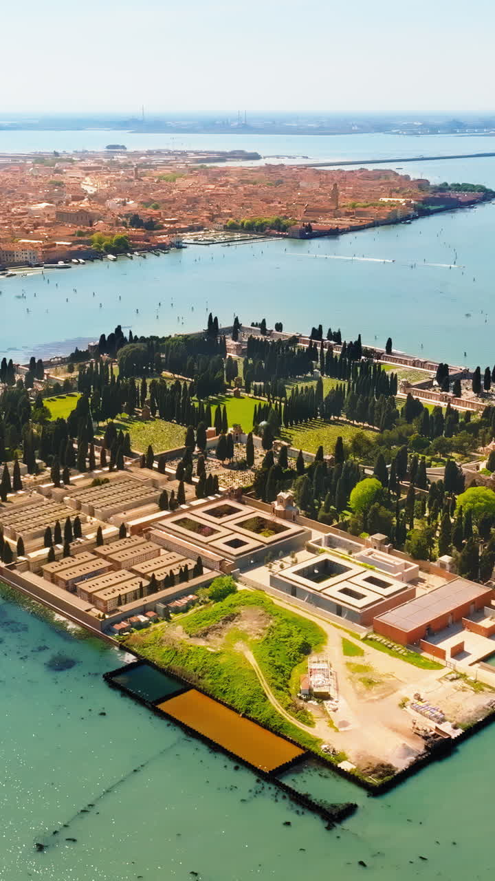 Aerial drone view of San Michele Cemetery on the The Island of San Michele, Italy. Vertical