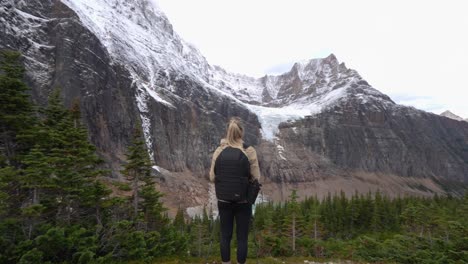 nordic walking woman checking out mountain landscape with melting glacier