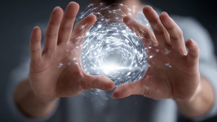 A mystical display of energy being manipulated between two hands, showcasing a swirling orb of light and intricate patterns, suggesting mastery over unseen forces
