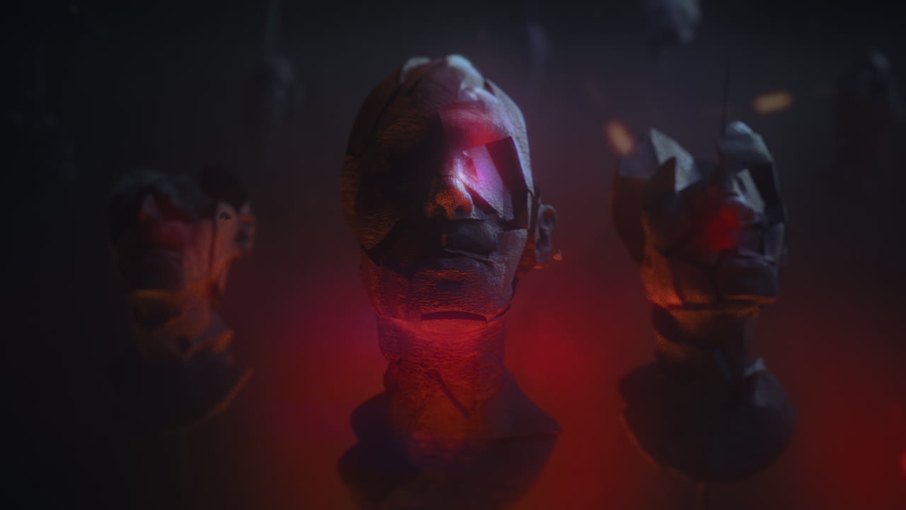 Three crushed android heads on spikes in hell