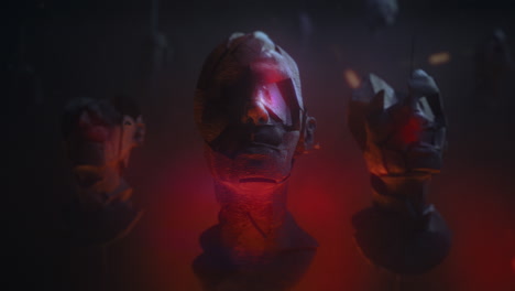 three crushed android heads on spikes in hell