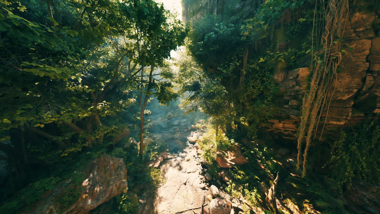 un camino iluminado por el sol a través de una selva exuberante