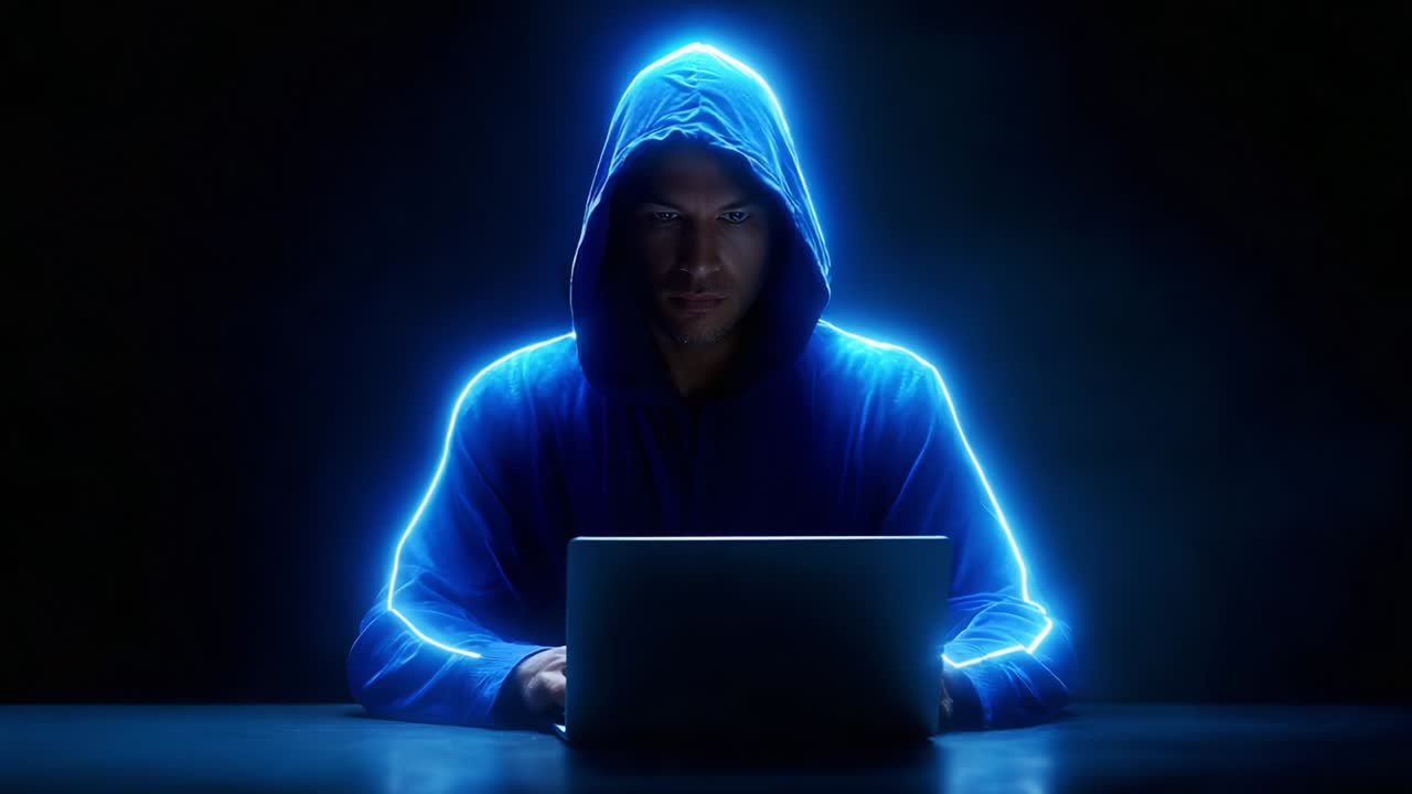A Mysterious Figure Illuminated by a Futuristic Glow Engaged in Deep Concentration on a Laptop, Merging Technology and Enigma in a Dark and Eerie Atmosphere, Reflecting Themes of Cybersecurity and Intrigue