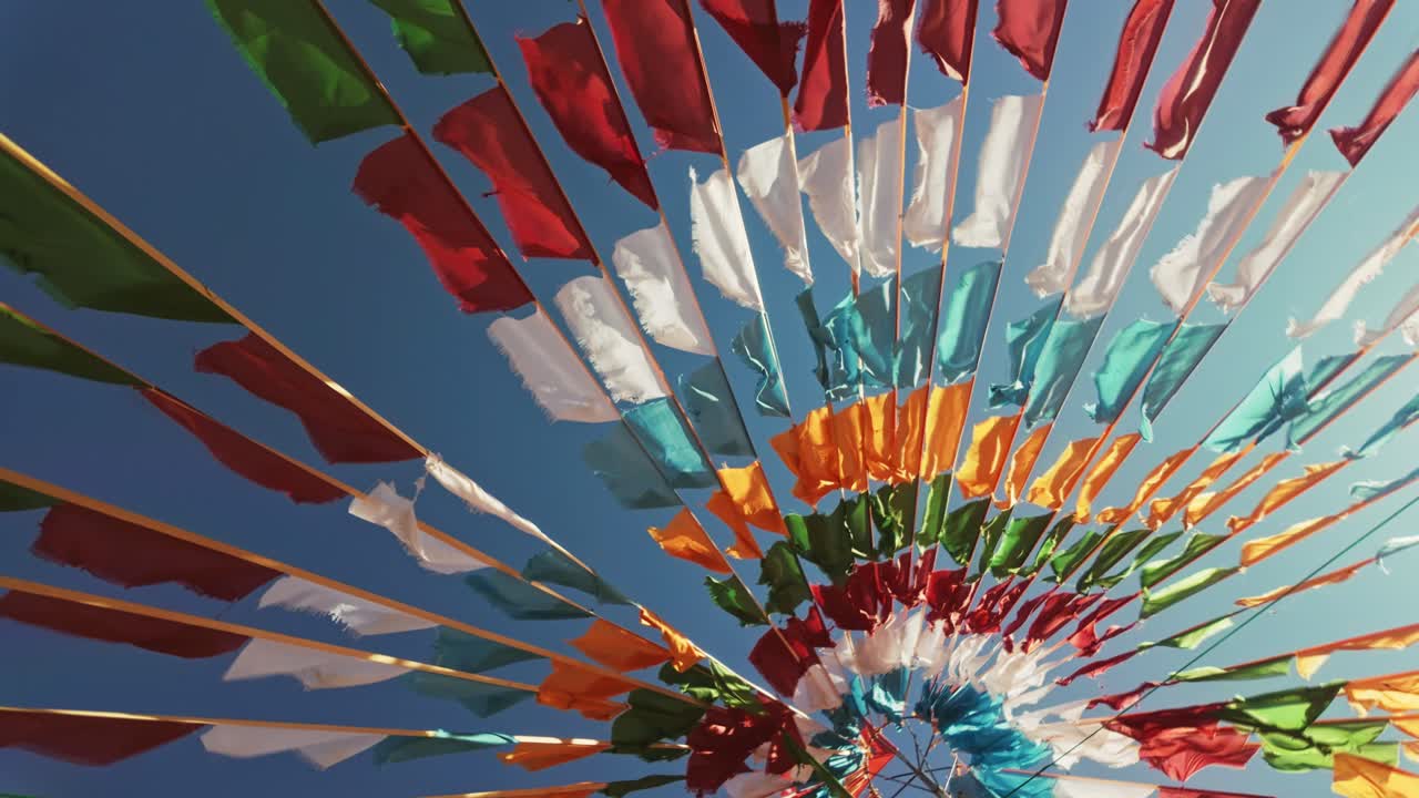 Tibetan Prayer Flags In Circular Rows Fluttering Against Sunny Blue Sky. low angle, rotating shot