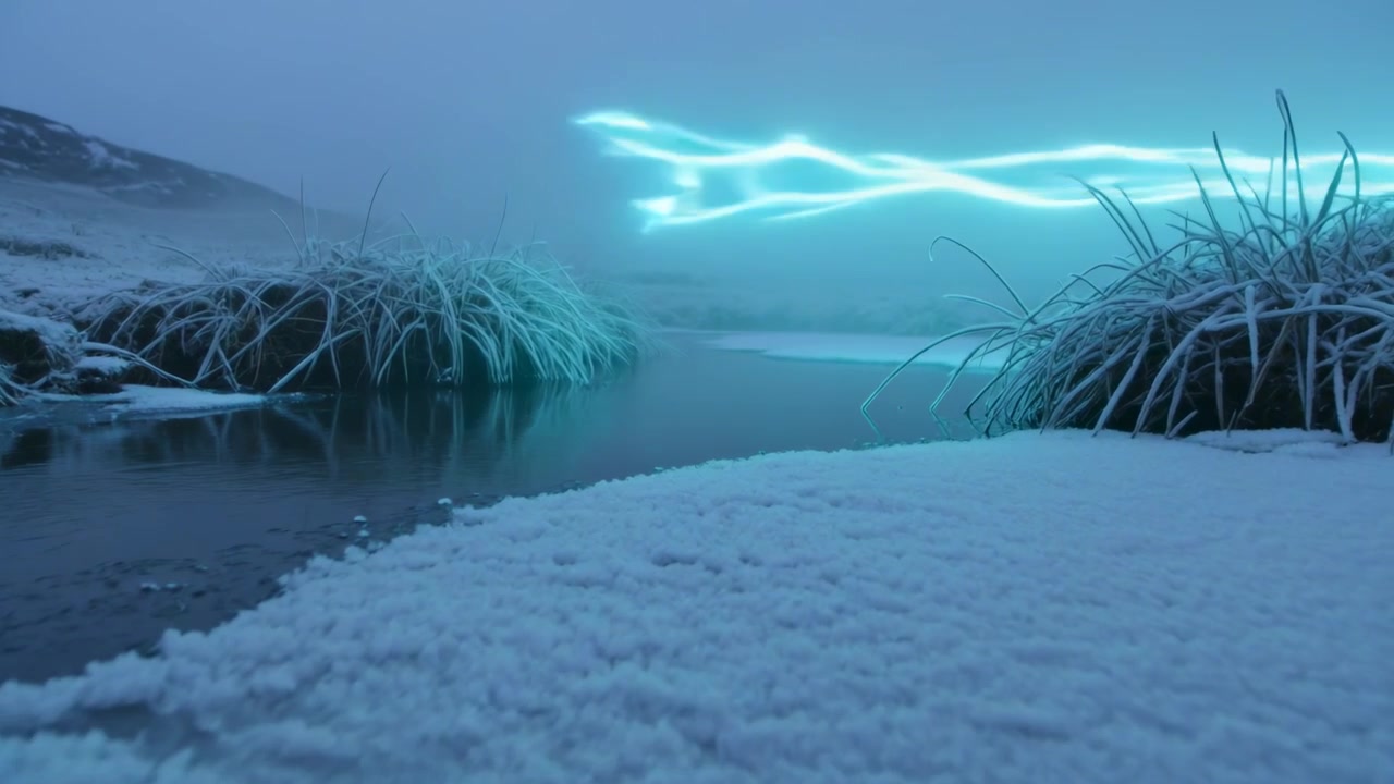 Gliding bright cyan light streaking across snow bank at shallow stream, lighting two grass tufts