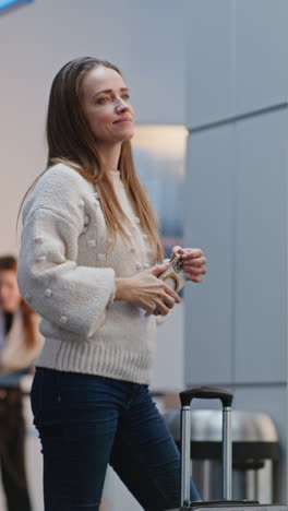 woman using phone in airport