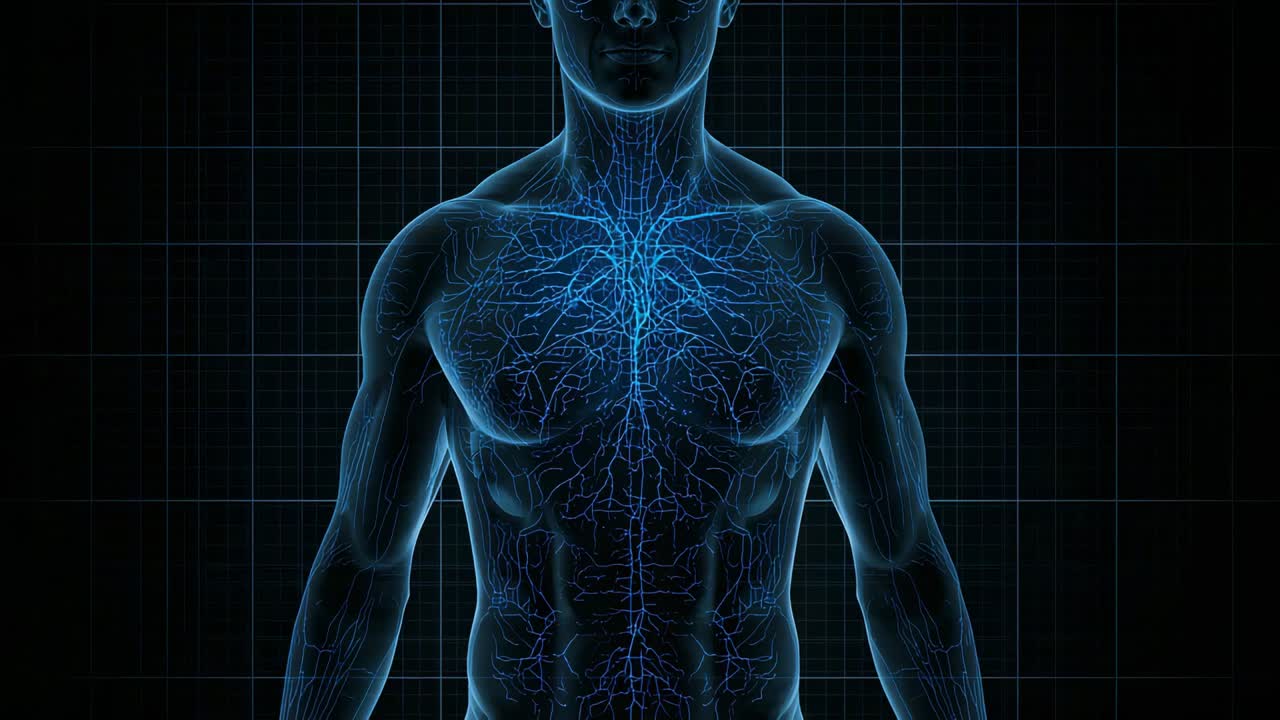 Zoom della fotocamera che rivela un modello di torso 3D traslucido su una griglia, che mostra una rete blu brillante a scopo di studio