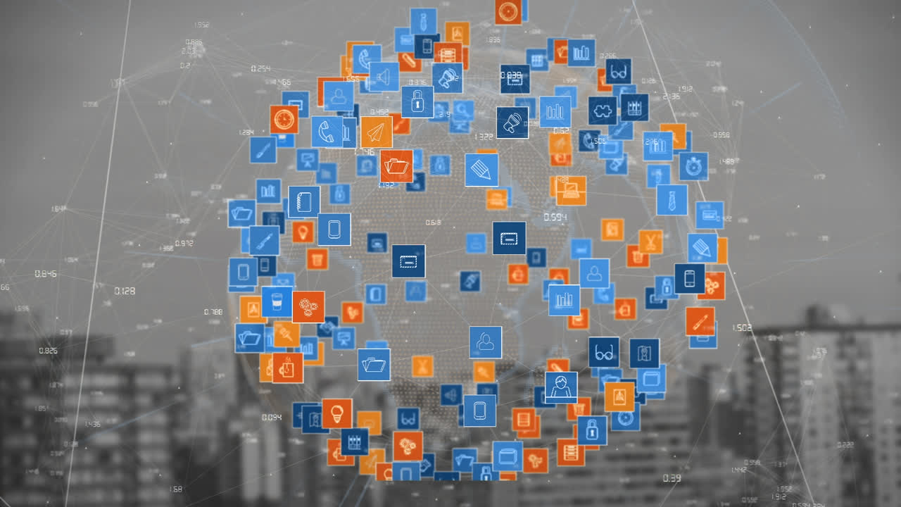 animación de la red de conexiones en todo el mundo y el paisaje urbano