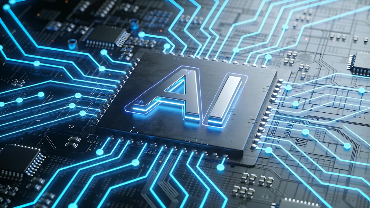 Powering AI chip sending pulsing blue traces across PCB, camera zooming out, holographic icon
