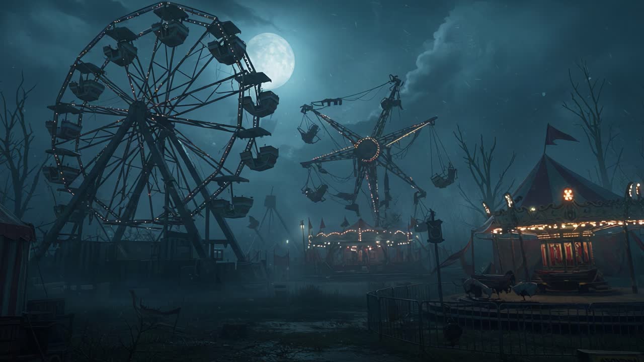 An Enigmatic Night at the Abandoned Carnival: A Haunting Scene Under the Full Moon with Ferris Wheel, Dark Skies, and Eerie Atmosphere Captured in Twilight