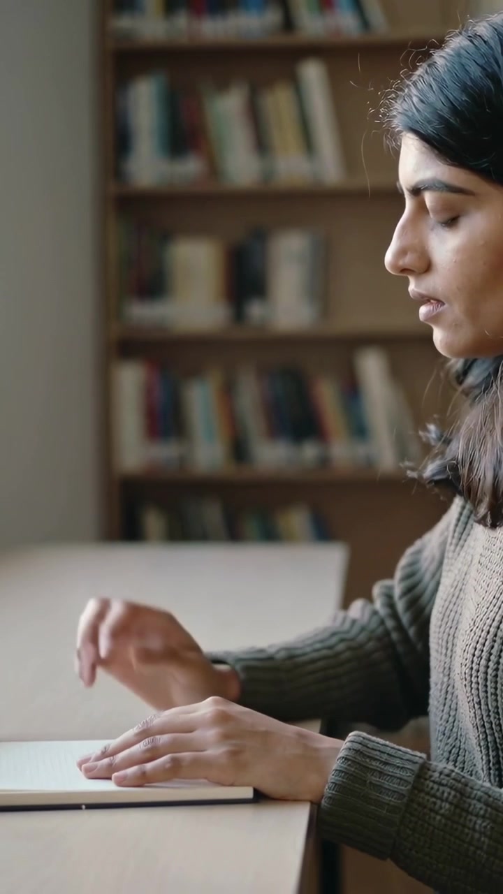 Vídeo vertical: Mulher de malha verde estendendo a mão, colocando as mãos em um livro perto da janela, fazendo uma pausa, com espaço para texto.