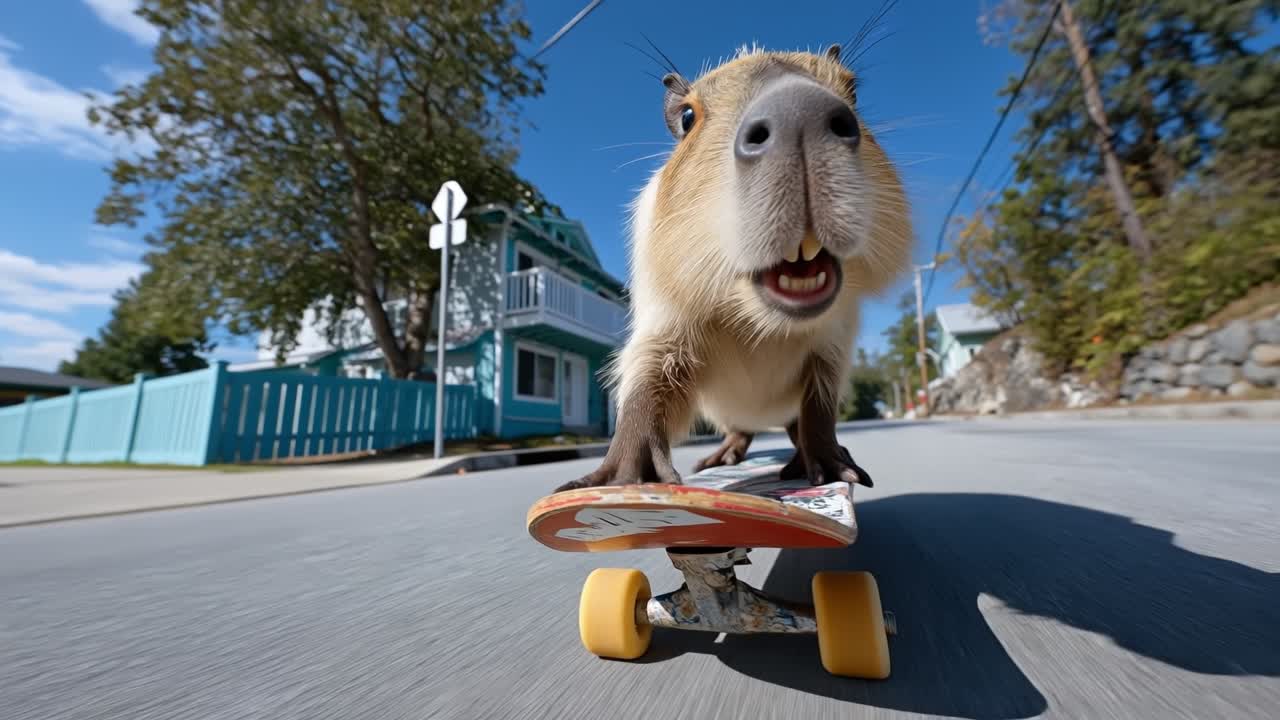 Aktives Capybara fährt an einem sonnigen Tag mit blauem Himmel auf einem Skateboard eine asphaltierte Straße entlang.