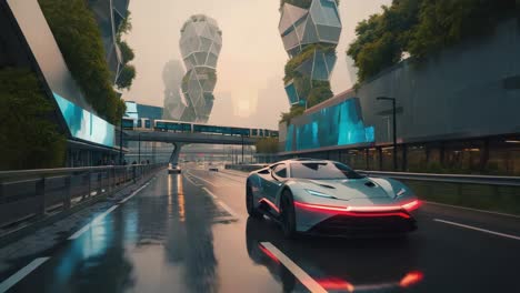 Futuristic Cityscape with Modern Car and Monorail