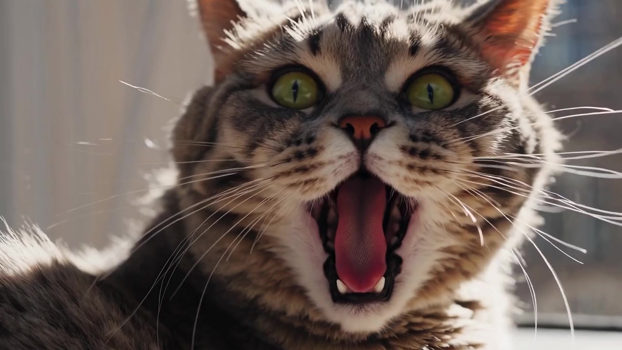 Primo piano di un gatto soriano che sbadiglia sotto la luce solare intensa