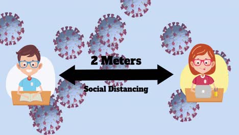 Multiple-Covid-19-cells-moving-against-school-boy-and-girl-icon-maintaining-social-distancing