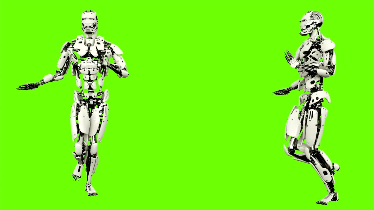 우아한 걸음걸이를 가진 안드로이드 로, 녹색 스크린 배경에서 현실적인 루프 모션, 4k