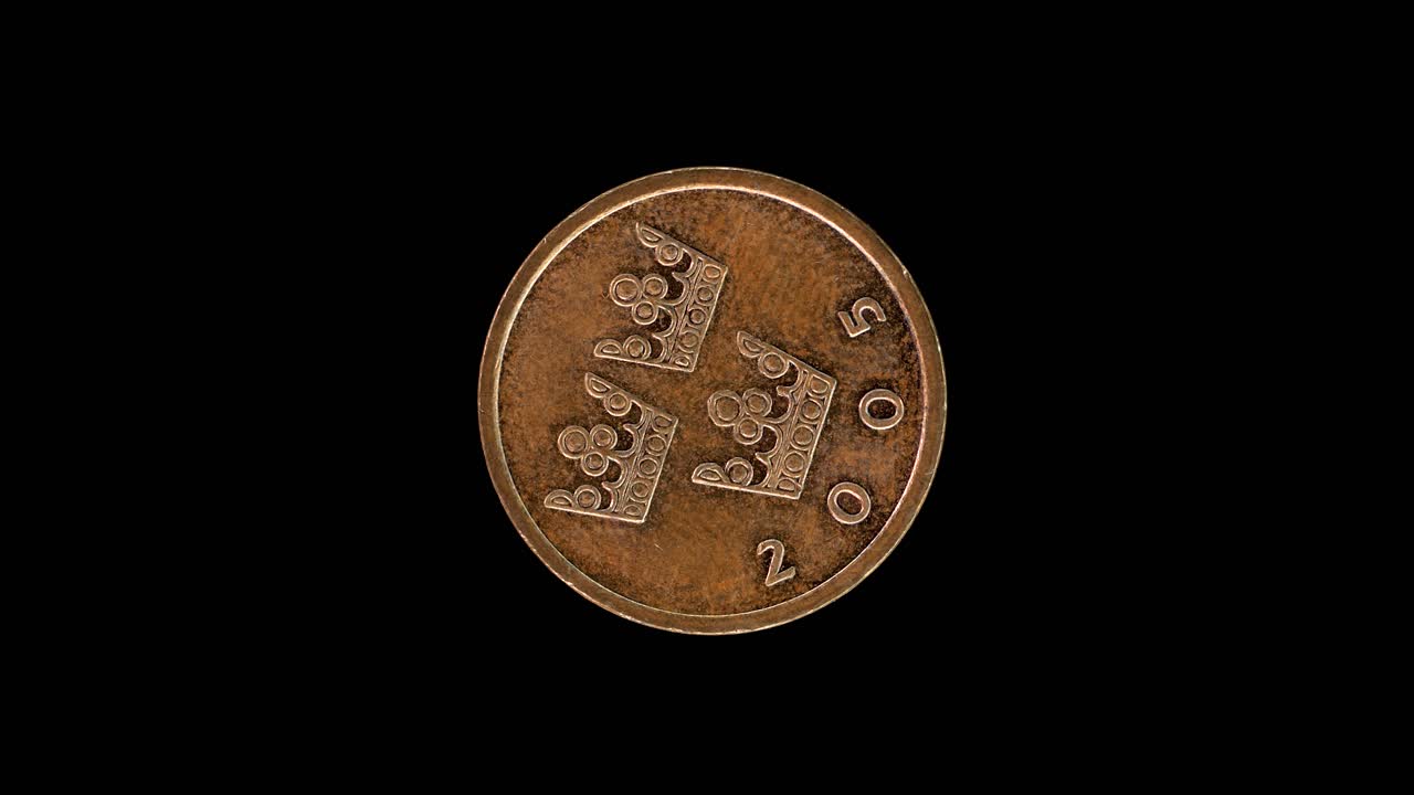 Sweden 2005 50 öre coin obverse with three crowns rotating on black background