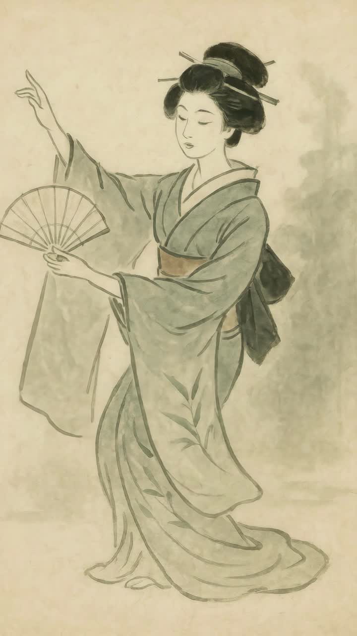 Elegante acquerello di una ballerina tradizionale in kimono, che tiene in mano un ventaglio