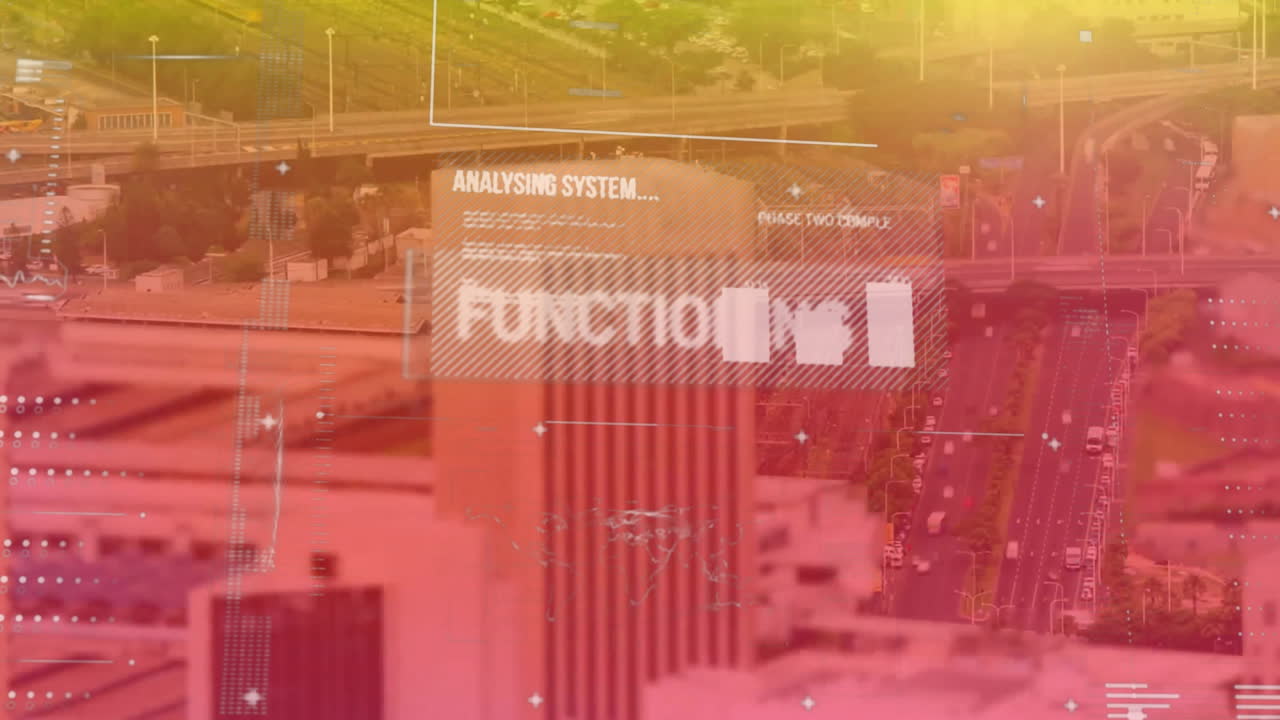 animación del procesamiento de datos y diagramas sobre el paisaje urbano.