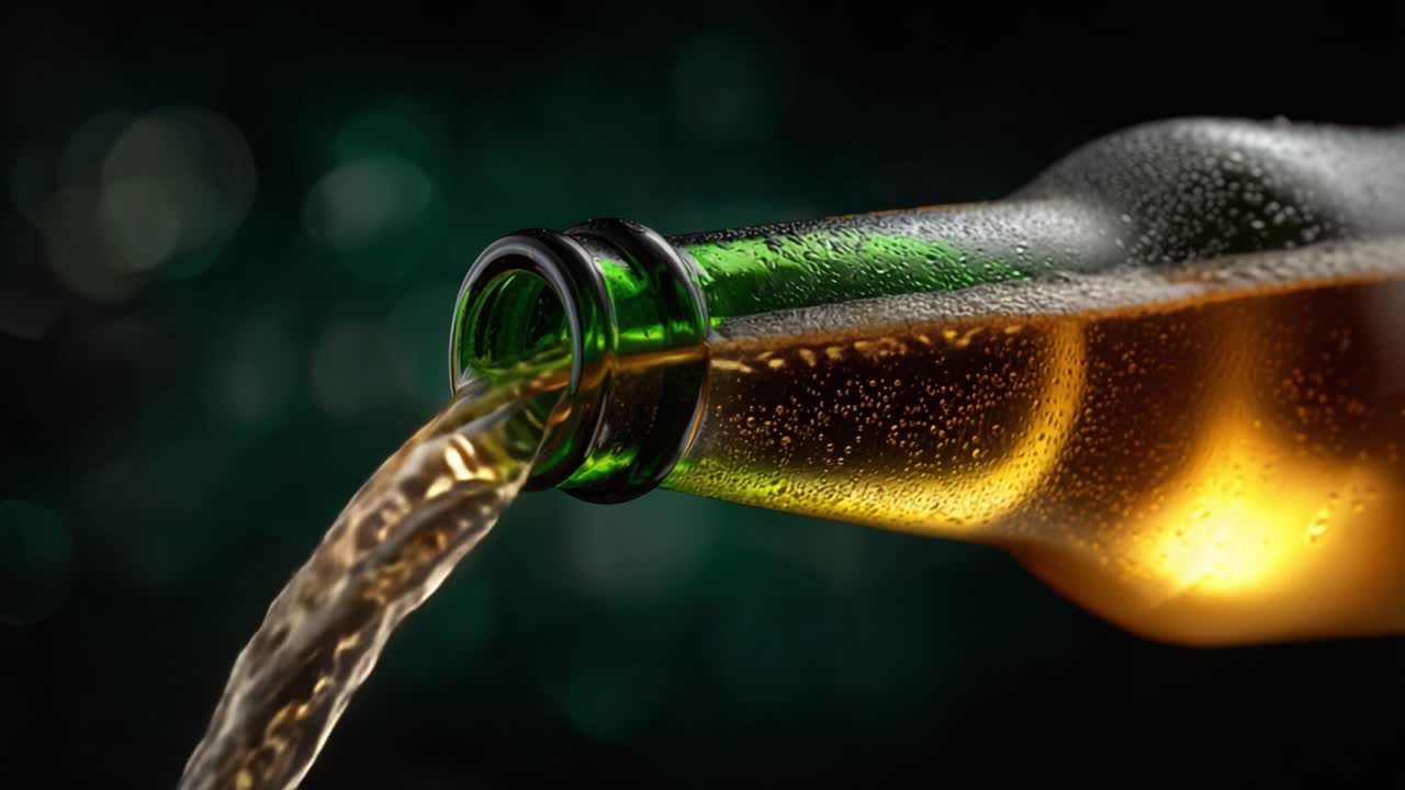 Minuman Menyegarkan yang Dituangkan dari Botol Kaca Hijau dengan Gelembung dan Cairan Berkilauan di Latar Belakang Gelap, Diabadikan dalam Dua Bingkai yang Menakjubkan