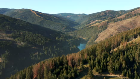 Flyover-above-Olt-River-tributary-running-through-valley,-Hasmas-Mountains-Romania