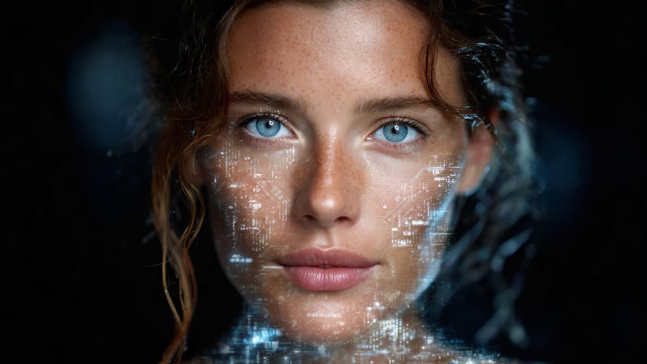A captivating blend of humanity and technology: a portrait showcasing a woman's face illuminated by intricate digital patterns, reflecting the fusion of organic beauty and futuristic elements