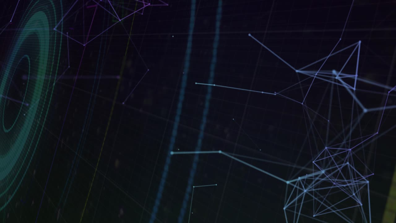 neon rings pulsing color-shifting and rotating sliding left, network emerging to visualize data
