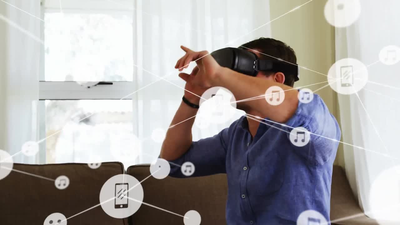 animación de la red de conexiones con iconos sobre el hombre que usa auriculares vr