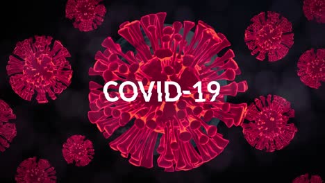 Covid-19-text-and-multiple-red-covid-19-cells-floating-over-spinning-globe-against-black-background