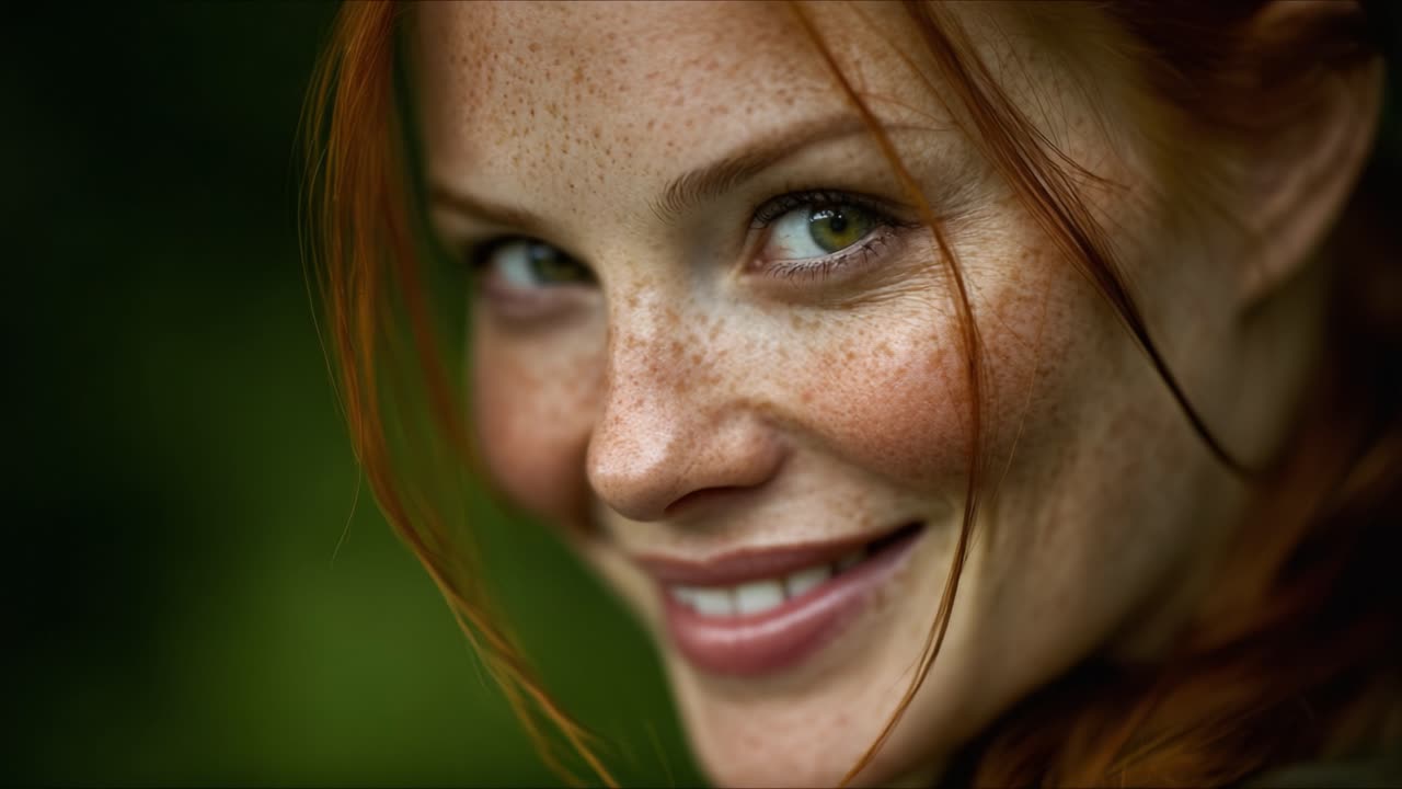 A stunning portrayal of a woman with striking freckles and captivating green eyes, radiating warmth and charisma in a lush, blurred background that enhances her vivid features