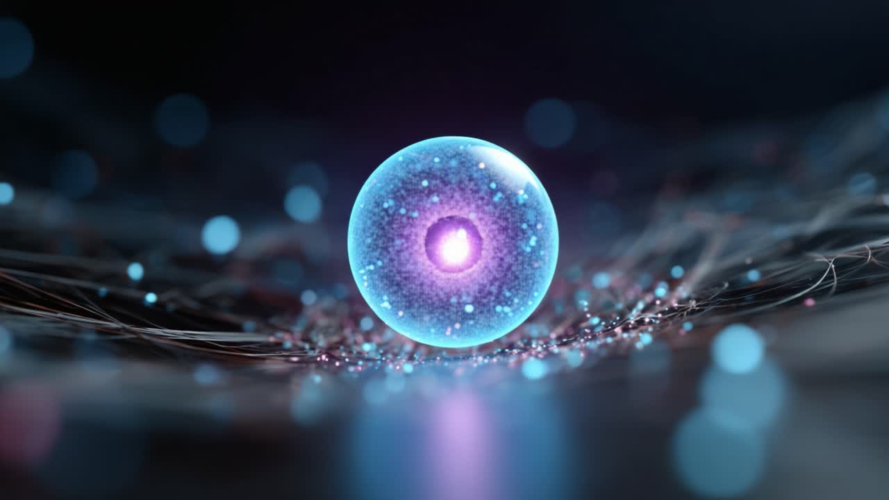 A Mesmerizing Purple Sphere Surrounded by Glowing Particles and Light Effects in a Mysterious Cosmic Environment