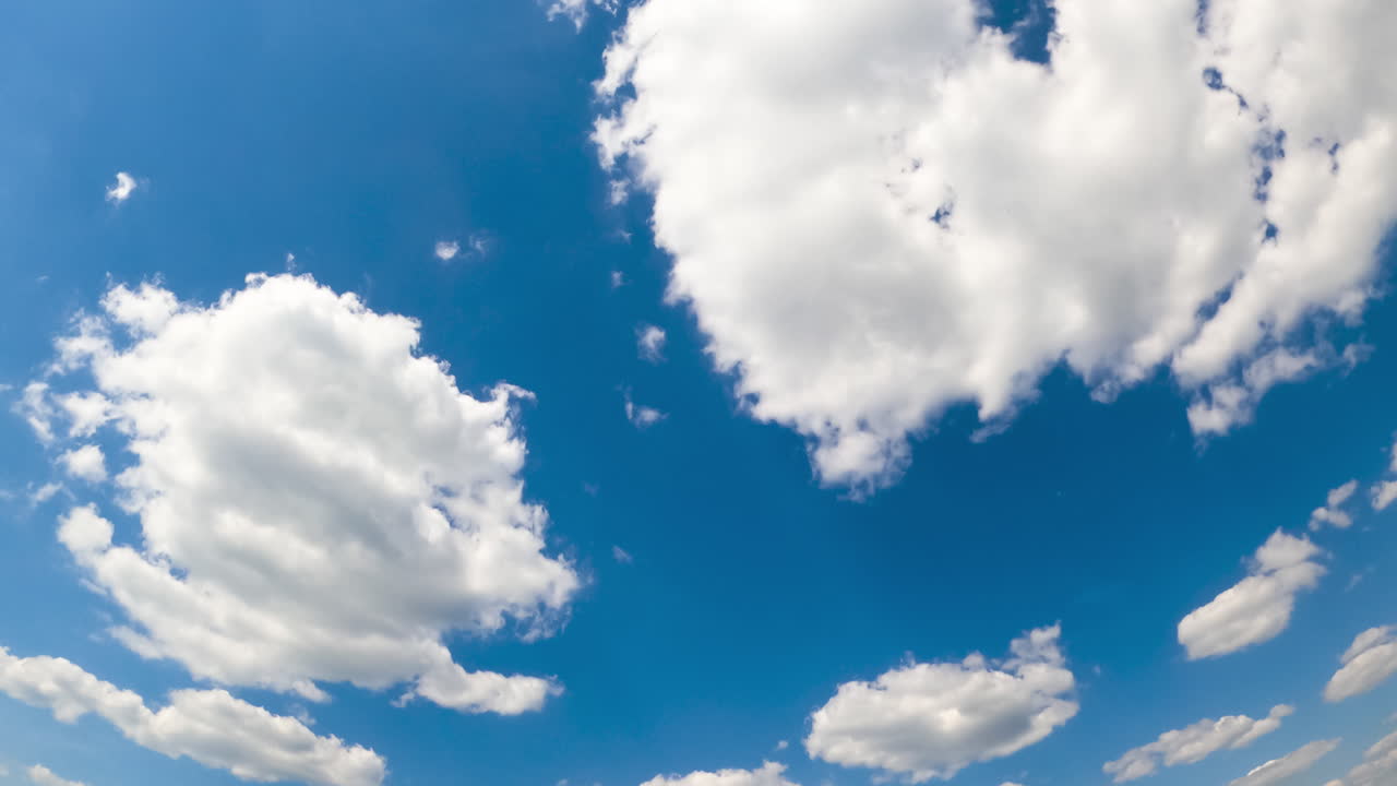 Lovely white clouds forming in the atmosphere. Fluffy clouds lit with bright summer sun. Low angle view timelapse.